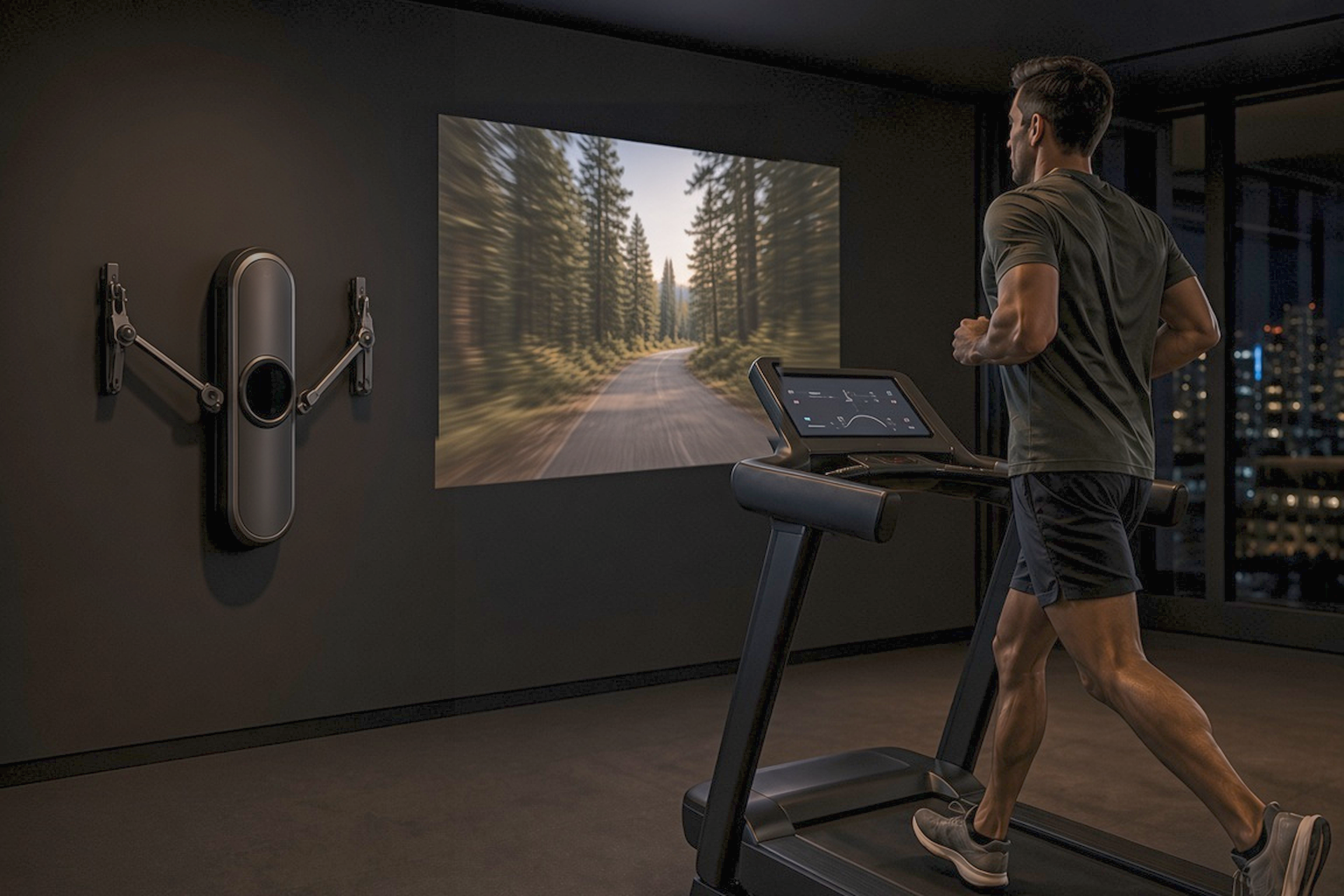 A runner using a connected treadmill in a home fitness space with an immersive wall display and wall-mounted connected strength equipment.