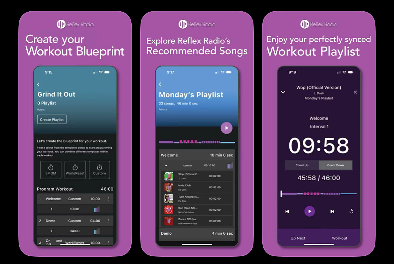 Historical Reflex screens from the first product: a workout blueprint, recommended songs, and a playlist player. This is the original Reflex, not the product being built now.